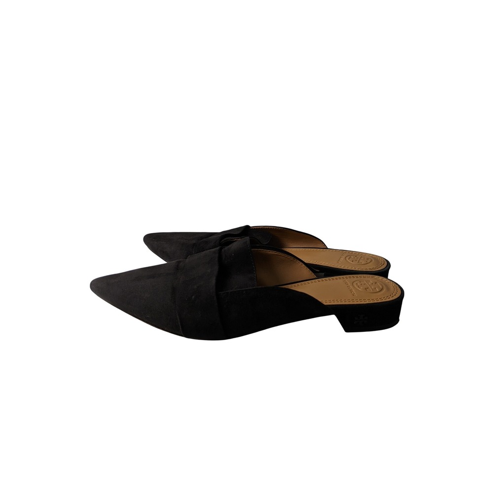 Tory Burch Black Suede Pointed Toe Mules Size 7.5M Logo Block Heel Flats